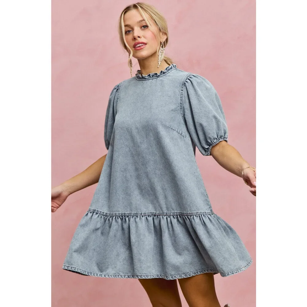 SO ME Denim Short Sleeves Mini Tiered Dress - Picture 3 of 15